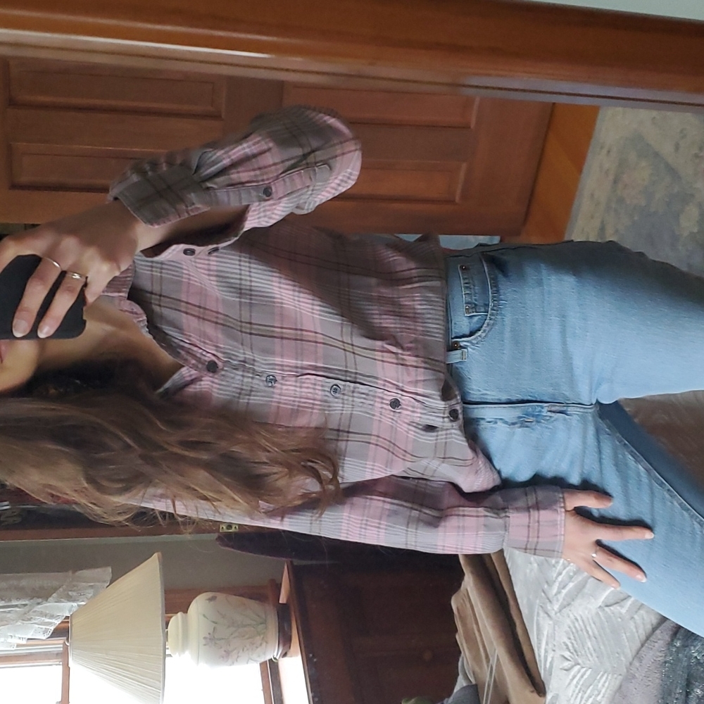J Crew Soft Pink & Brown Plaid Button Up Top - Picture 2 of 6